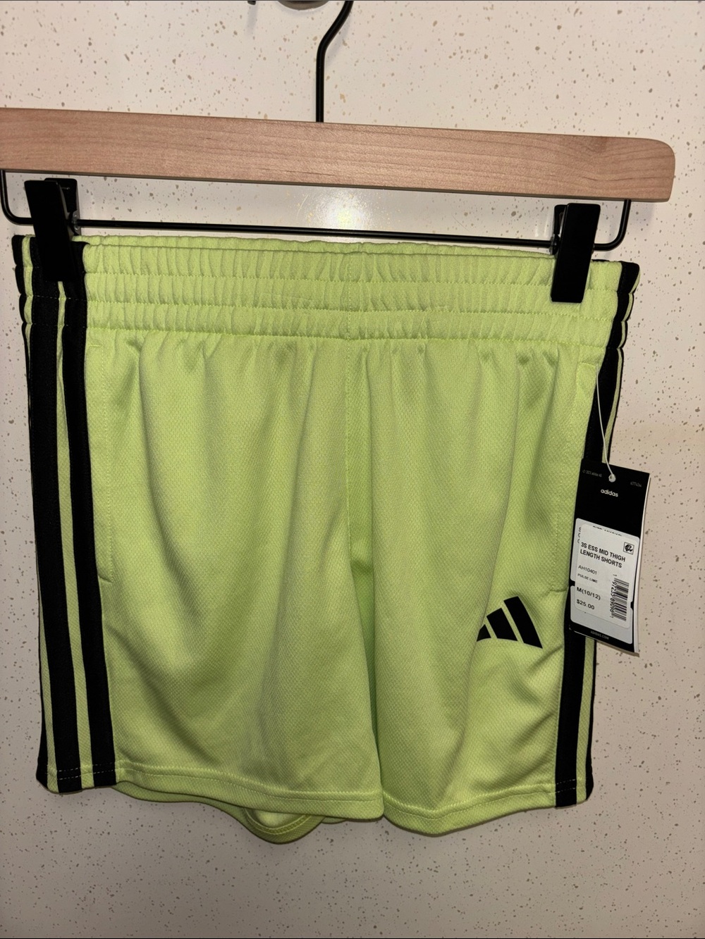 NWTa Adidas boys Lime Green Athletic Shorts with Black Stripes (Size M- 10/12)